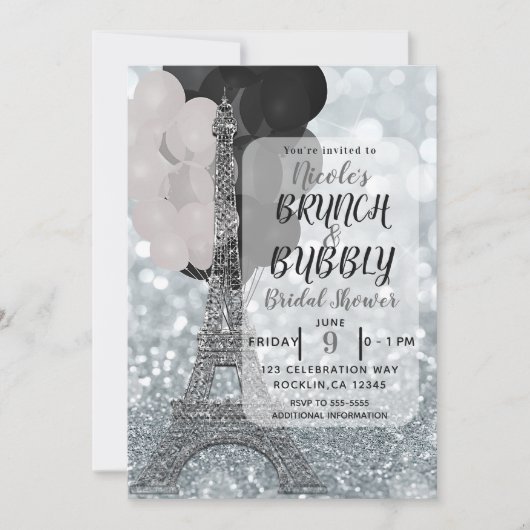Silver Glitzer White Black Balloons Eiffelturm Einladung (Vorderseite)