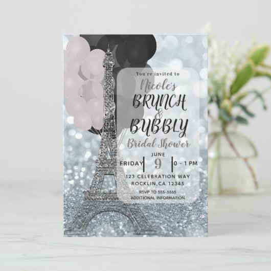 Silver Glitzer White Black Balloons Eiffelturm Einladung (Stehend Vorderseite)