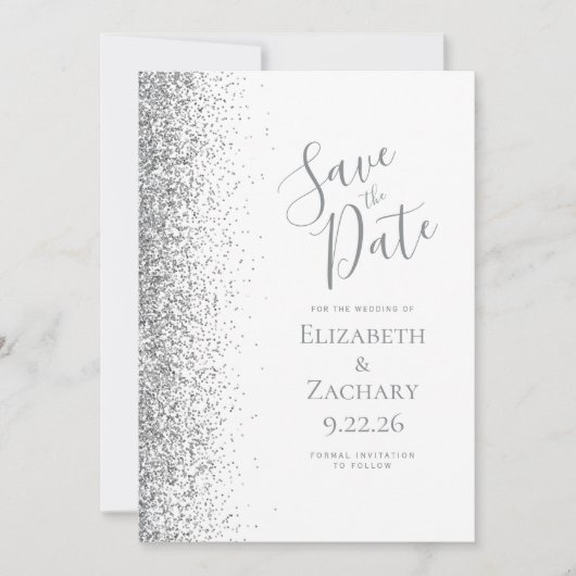 Silver Glitzer White Save the Date Ankündigung (Vorderseite)