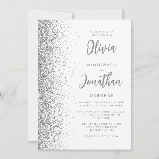 Silver Glitzer White Script QR Code Hochzeit Einladung (Vorderseite)