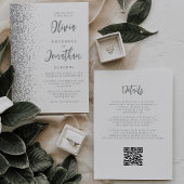 Silver Glitzer White Script QR Code Hochzeit Einladung