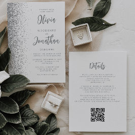 Silver Glitzer White Script QR Code Hochzeit Einladung