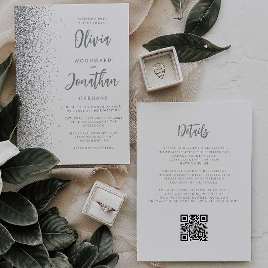 Silver Glitzer White Script QR Code Hochzeit Einladung