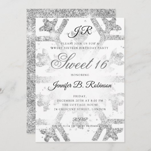Silver Glitzer Winter Sweet 16 Geburtstag Einladung (Vorne/Hinten)