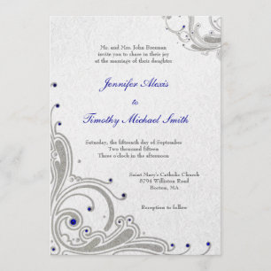 Silver Glitzer Wirbel + blaue Juwelen Hochzeit ein Einladung