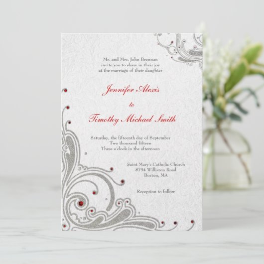 Silver Glitzer Wirbel + rote Juwelen Hochzeit einl Einladung (Stehend Vorderseite)