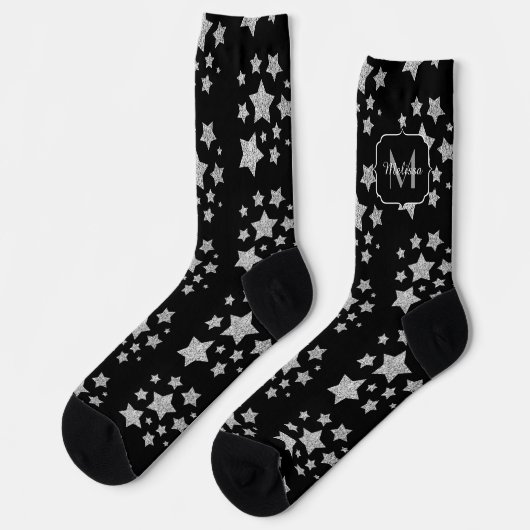 Silver Glitzern Stars schwarzes Monogramm Socken (Linkes Detail)