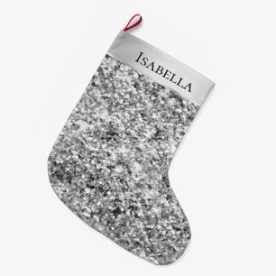 Silver Glitzy Sparkle Glitzer Name Großer Weihnachtsstrumpf