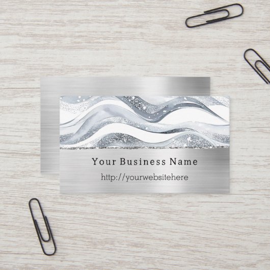 Silver Glitzy Waves Stripes Business name website Visitenkarte (Vorderseite/Rückseite Beispiel)