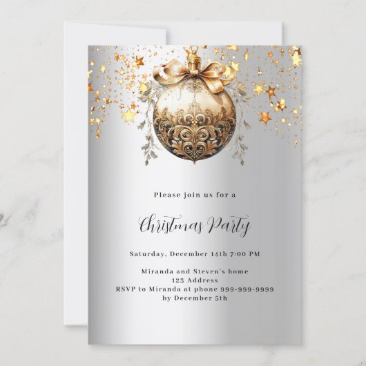 Silver gold Bauble stars Weihnachtsfest Party Einladung (Vorderseite)