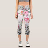 Silver Gold Black Leopard Print Pink Blume Capri Leggings (Vorderseite)