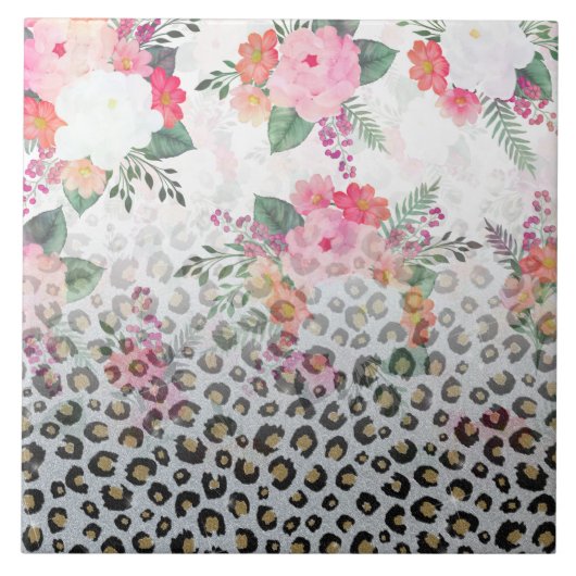 Silver Gold Black Leopard Print Pink Blume Fliese (Vorderseite)