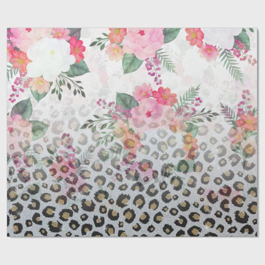 Silver Gold Black Leopard Print Pink Blume Geschenkpapier (Flach)