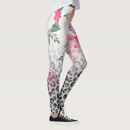 Silver Gold Black Leopard Print Pink Blume Leggings (Rechts)