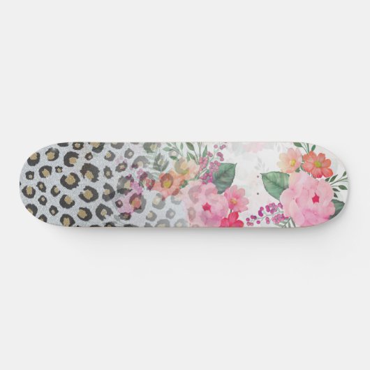 Silver Gold Black Leopard Print Pink Blume Skateboard (Horizontal)