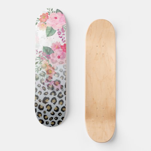 Silver Gold Black Leopard Print Pink Blume Skateboard (Vorderseite)