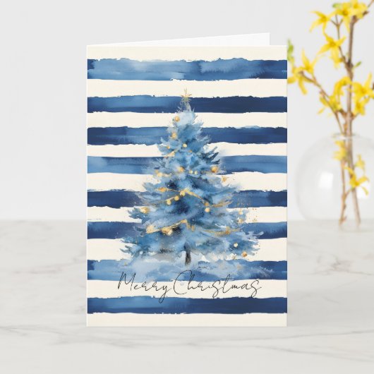 Silver Gold Blue Stripes Christmas Tree   Karte (Gelbe Blume)
