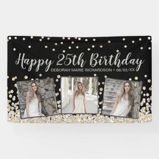Silver Gold Confetti FotoCollage 25. Geburtstag Banner (Horizontal)