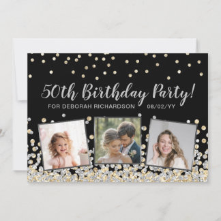 Silver Gold Confetti FotoCollage 50. Geburtstag Einladung