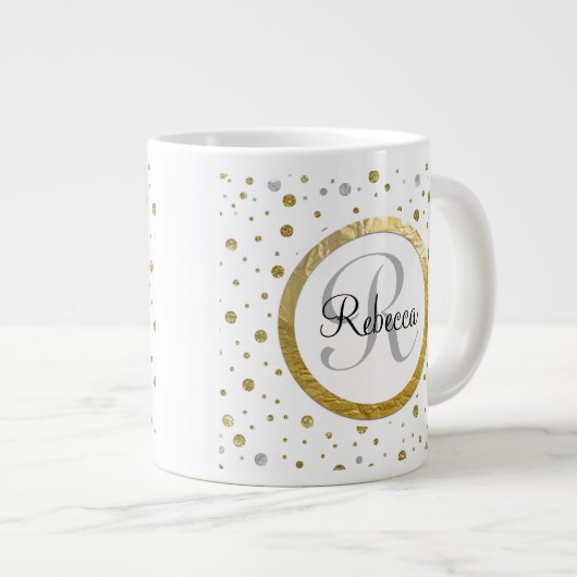 Silver/Gold Confetti Monogramm Jumbo-Tasse (Vorderseite Rechts)