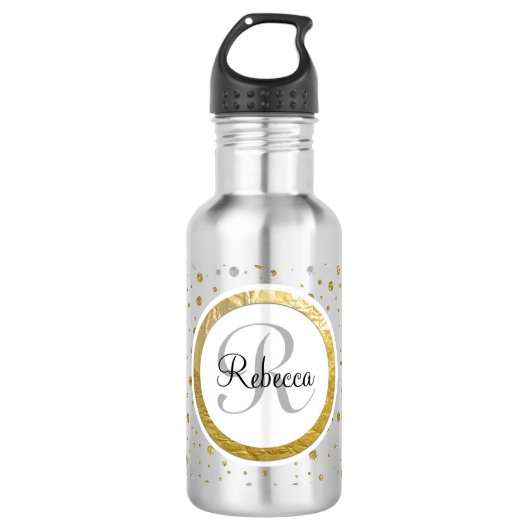 Silver/Gold Confetti Monogramm Trinkflasche (Vorderseite)