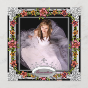 Silver Gold Coral Pink Blume Foto Quinceanera Einladung