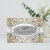 Silver & Gold Damask Pearl Quinceanera UAWG RSVP Karte (Stehend Vorderseite)