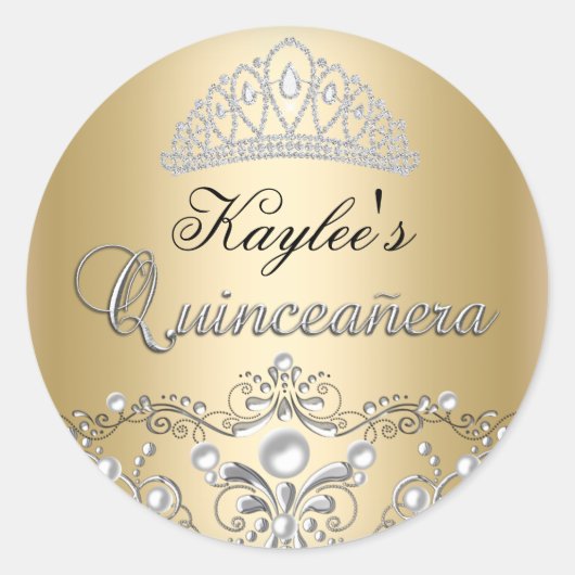 Silver & Gold Damask Perl Quinceanera Sticker (Vorderseite)