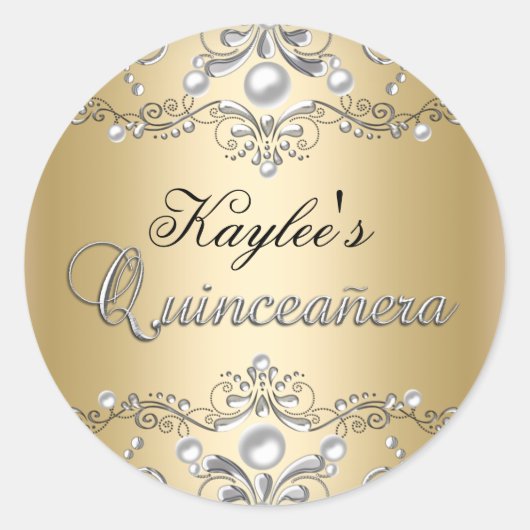 Silver & Gold Damask Perl Quinceanera Sticker (Vorderseite)
