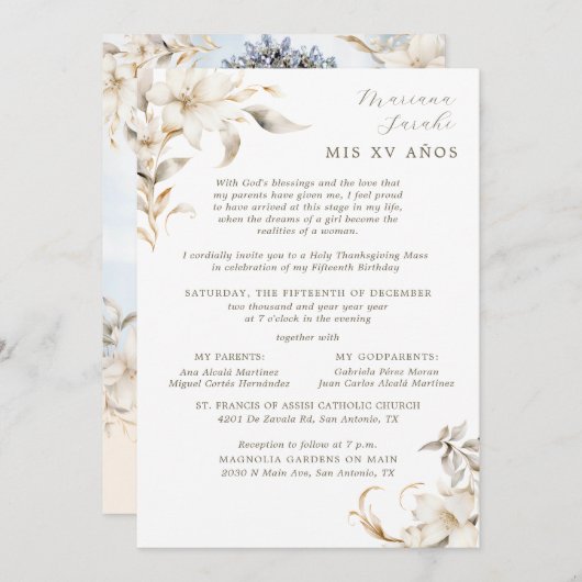 Silver & Gold Eleganter Winter Quinceñera Einladung (Vorne/Hinten)