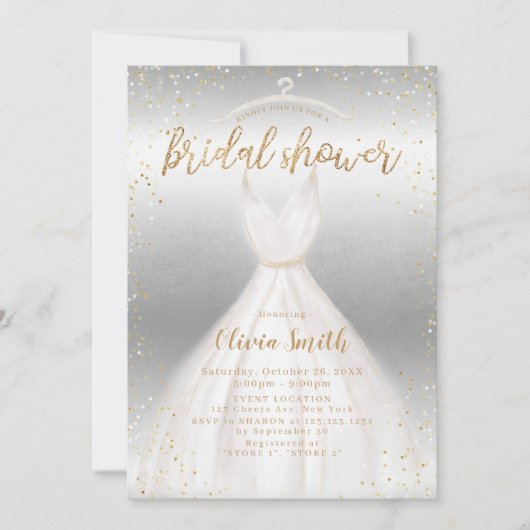 Silver Gold Elegantes Hochzeitskleid Brautparty Einladung (Vorderseite)