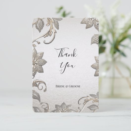 Silver Gold Floral Dankeschön Karte (Stehend Vorderseite)
