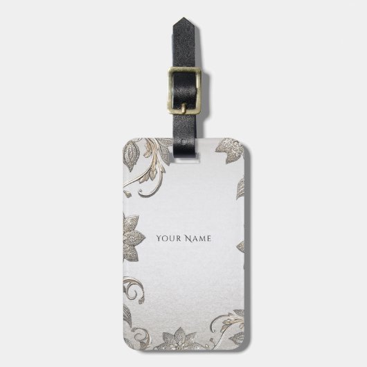 Silver Gold Floral Luggage Tag Gepäckanhänger (Vorderseite vertikal)