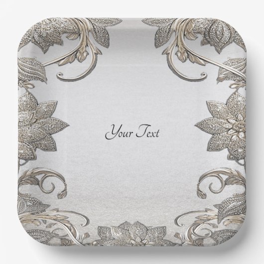 Silver Gold Floral Paper Plate Pappteller (Vorderseite)