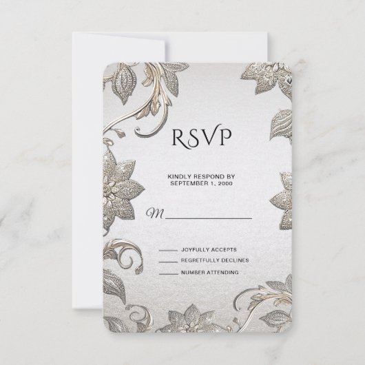 Silver Gold Floral RSVP Card Karte (Vorderseite)