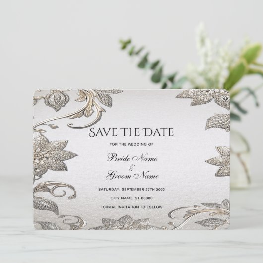 Silver Gold Floral Save the Date Card (Stehend Vorderseite)