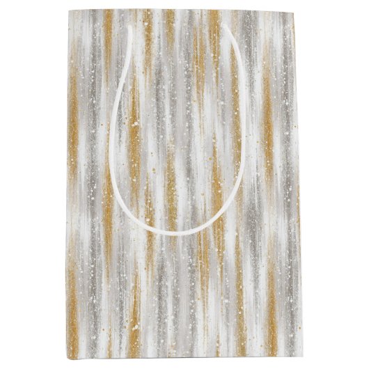 Silver Gold Glam Glitzy Stripes Christmas Mittlere Geschenktüte (Vorderseite)