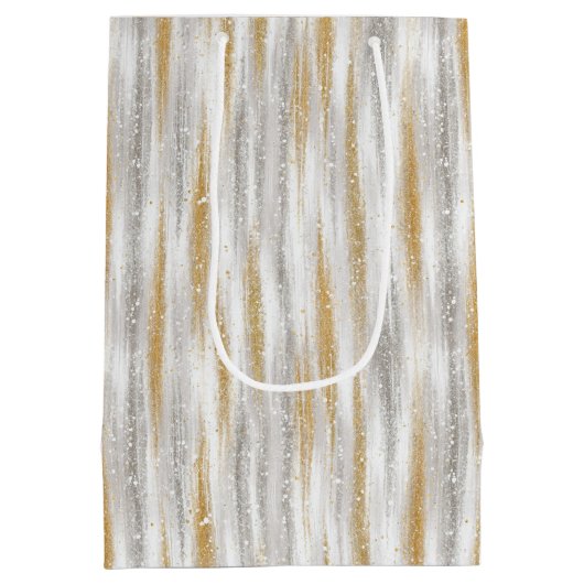 Silver Gold Glam Glitzy Stripes Christmas Mittlere Geschenktüte (Rückseite)
