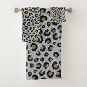 Silver Gold Glitzer Black Leopard Print Badhandtuch Set
