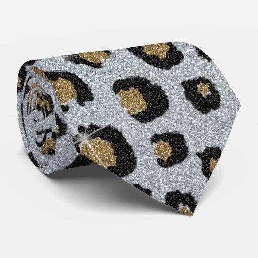 Silver Gold Glitzer Black Leopard Print Krawatte (Gerollt)