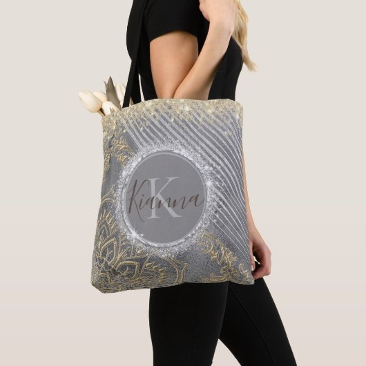 Silver Gold Glitzer Lotus Mandala Monogram Tasche (Von Nahem)