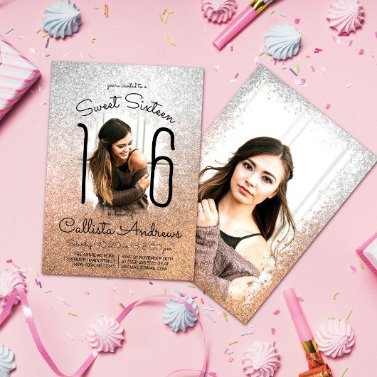 Silver Gold Glitzer Ombre Halo Foto Sweet 16 Einladung