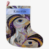 Silver Gold Lila Peacock Feathers Weihnachtsname Großer Weihnachtsstrumpf (Vorderseite)