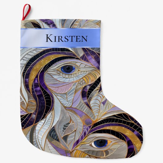 Silver Gold Lila Peacock Feathers Weihnachtsname Großer Weihnachtsstrumpf (Vorderseite)