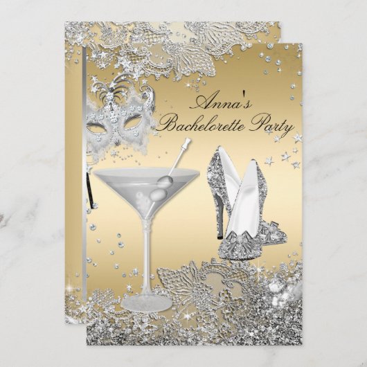 Silver Gold Mask Jewel Lace Junggeselinnen-Abschie Einladung (Vorne/Hinten)