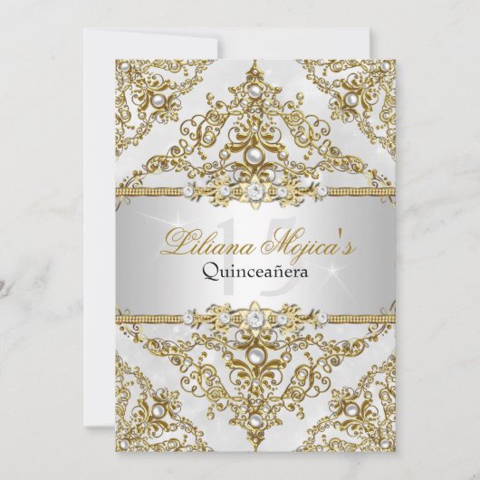 Silver & Gold Pearl Damask Quinceanera Einladung (Vorderseite)