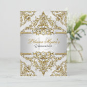 Silver & Gold Pearl Damask Quinceanera Einladung (Stehend Vorderseite)