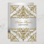 Silver & Gold Pearl Damask Quinceanera Einladung (Vorne/Hinten)