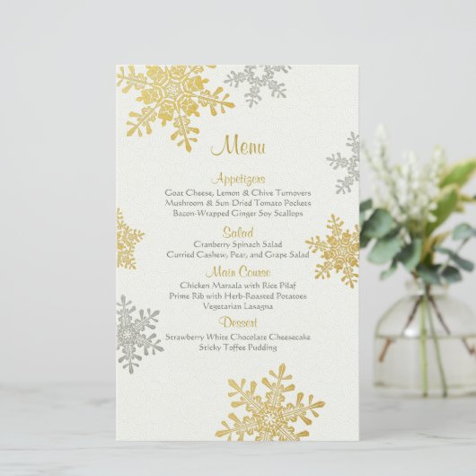 Silver Gold Pearl Snowflakes WinterWedelmenü (Stehend Vorderseite)