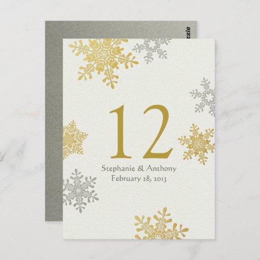Silver Gold Snowflake Winter Wedding Table Card Postkarte (Vorne/Hinten)